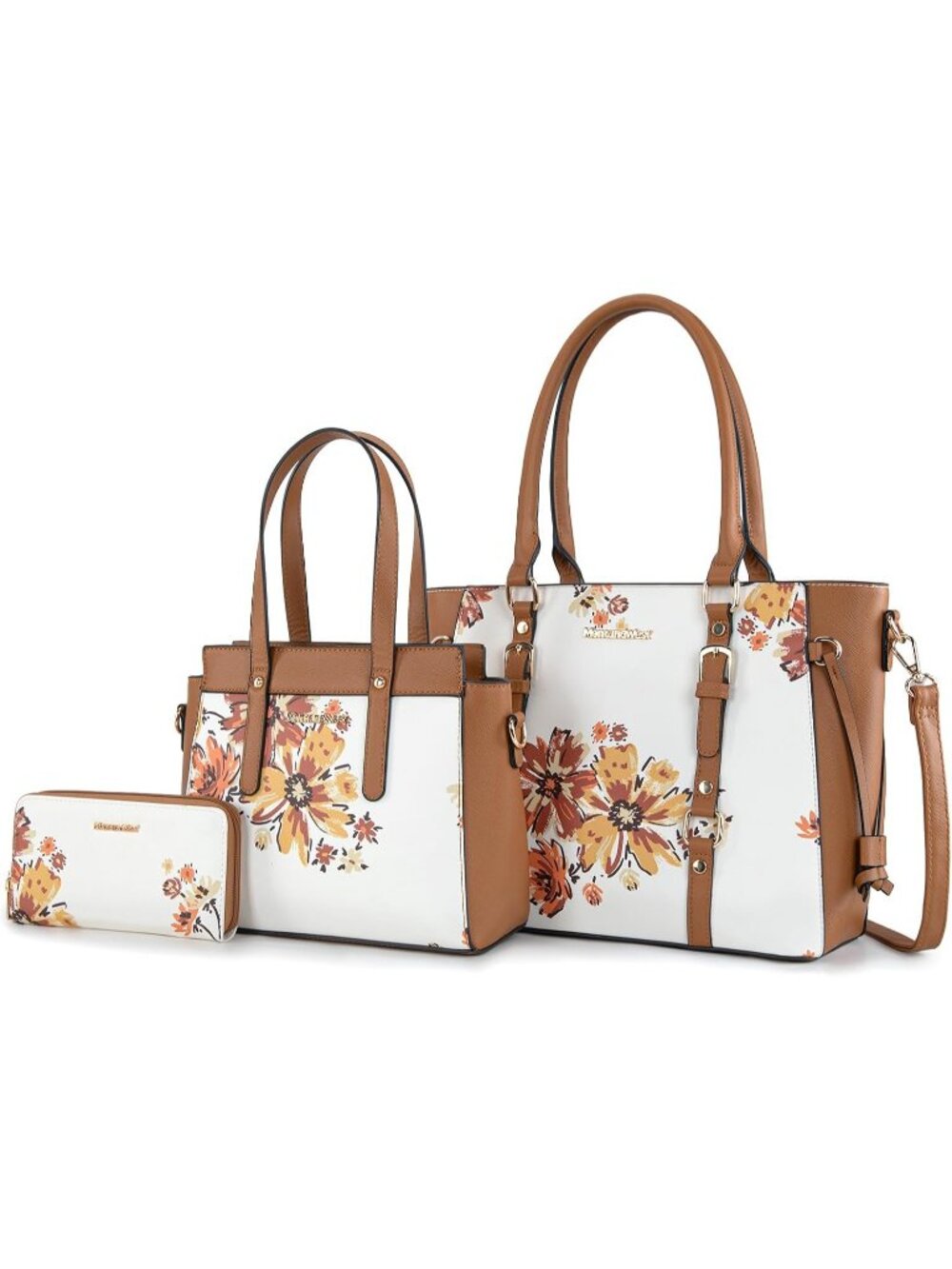 Women's Flower Light Brown Montana West 3PC Tote Bag Wallet Set Satchel Purse